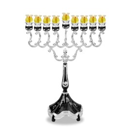 Ner Mitzvah Silver Plated Oil Menorah with Black Marble Accents, Fits Standard Chanukah Oil Cups and Large Candles, Modern Hanukkah Menorah, 11 inch High
