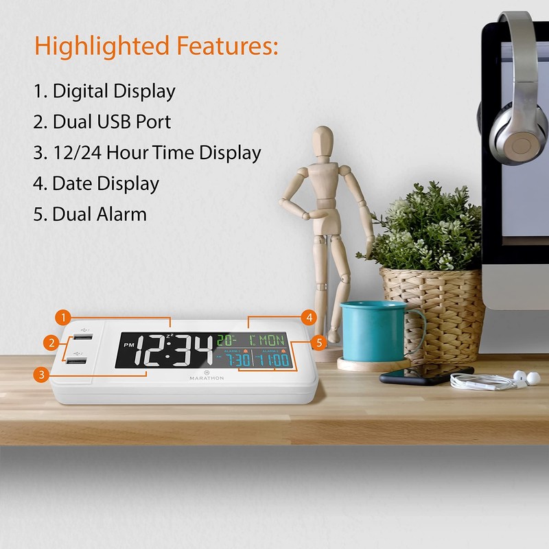 MARATHON Fast Charging Dual USB Alarm Clock