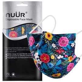 NUÜR 10pcs Floral 3 Ply Disposable Face Mask, Mask with Filter Layer and Elastic Earloop, Retail Sealed bags