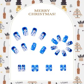 Christmas Press on Nails Medium Square Snowflake Blue Fake Nails with Designs Cute Snowman Winter Full Cover Glossy Glue on Nails Xmas Acrylic Nails for Women Girls 24 Pcs