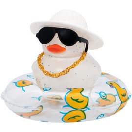 Wonuu Shining Rubber Ducks with Plastic Sunglasses, Swim Ring Necklace Hat, Glittering Cute Car Accessories, Dashboard Decorations, Pink, Straw-Gold Chain