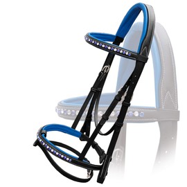 Exion Bling Bridle for Horses White & Dark Blue Bling Crystals Browband & Snaffle Noseband with Dark Blue Calf Padding & Rubber Reins | English Jumping Bling Bridle for Horses