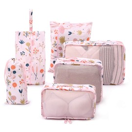 Paton Travel Australia 6 Piece Packing Cubes for luggage, backpack or carryon suitcase Water and Tear Resistant various sizes including a shoe Bag Pink Protea Design