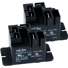 Song Chuan 832AW-1A-F-C1, 24VDC Relay, 240 VAC, 30A General Purpose Relay (Pack of 2)