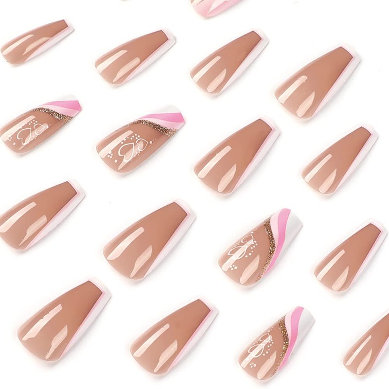 Carufin 24 Pieces Beautiful Rabbit Coffin False Nail Pink Gradual