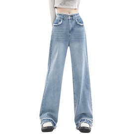 LONGYIDA Baggy Jeans for Women Y2K Stretch High Waisted Straight Wide Leg Denim Jeans Casual Boyfriend Loose Denim Pants Trousers(Light Blue,S)