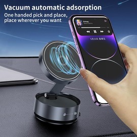 Magnetic Vacuum Suction Car Phone Holder - 360° Adjustable, 5KG Strong Suction, 20N Magnet for Phone 12/13/14/15 Pro Max & Cases, Air Vent/Dashboard/Windshield Mount, Hands-Free (Black)