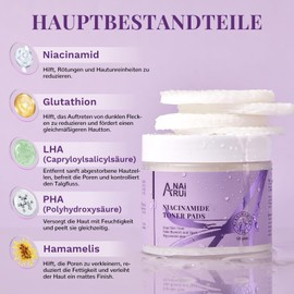 ANAiRUi ANAiRUi Niacinamide Toner Pad with Glutathione, Niacinamide, PHA & LHA, Exfoliating Facial Pads for Exfoliation, Even Skin Tone, Fading Acne, Blemishes and Spots, 50 Pads