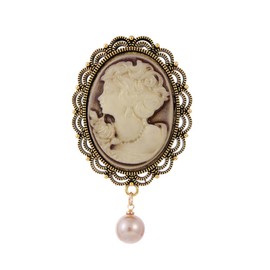 Victorian Cameo Brooch for Women Girls Dangle Pearl Beauty Lady Portrait Lapel Pins Scarf Badge Fabric Dress Accessories Jewelry Metal Bead, Metal, Pearl