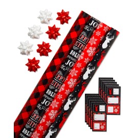 American Greetings Christmas Wrapping Paper Set with Cut Lines, Red, Black and White, Plaid, Reindeer and Snowflakes (4 Rolls, 7 Bows, 30 Gift Tags, 120 sq. ft.)