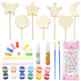 LiQunSweet 12 pcs Princess Wand Theme Undyed Wood Cutout Charms Fairy Crown Butterfly Star Moon Heart Wood Slices with Gem Stickers for DIY Painting Art Craft Home Embellishments