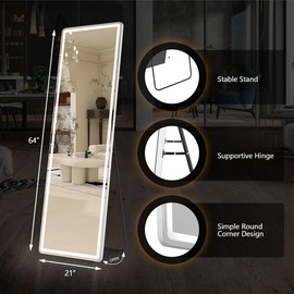 Floor Mirror Stand Mirror Full Length with LED Lights,Dimming & 3 Color Lighting, Aluminum Alloy Thin Frame for Bedroom, Dressing Room Decor:_21'' x 64''-Rectangle
