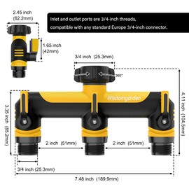 Hose Splitter 3 Way, Tap Connector, Garden Hose Connector, High Flow Washing Machine Hose Connector, 3 Way Kitchen tap Hose Connector, Connect Multiple Irrigation timers,3/4" with 1/2" Adapter,Yellow