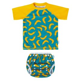 babygoal Baby Boy Swimsuit 2-Piece for 12-36 Months Toddlers, Bathing Suit Swim Diaper with Top Short Sleeves for Swim Lessons and Beach-Banana Design