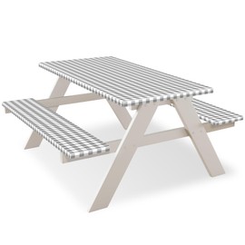 FEPITO 3 Pcs Picnic Table Cover with Bench Covers 3-Piece Set 30 x 72 Inch Picnic Vinyl Picnic Table and Bench Fitted Tablecloth Cover Gray-White Plaid for Outdoor BBQ Holiday Party Camping