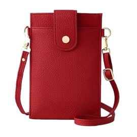 Four Leaf Smartphone Pouch, Women's, Cross-body Portable, Smartphone Shoulder Bag, Vertical, Lightweight, Leather, Wallet, Coin Purse, One-Piece, Pochette Sacoche, red