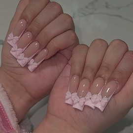Square Press on Nails Long False Nails French Tip Fake Nails Pink Bow Charm Artificial Nails Glossy Glue on Nails Cute Full Cover Stick on Nails for Women 24Pcs