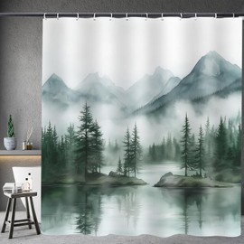 JAZEAOI Green Misty Forest Shower Curtain, Watercolor Mountain Lake Rustic Nature Scenery Woodland Landscape Bathroom Decor Set, Waterproof Polyester Fabric Bath Curtain with Hooks 72x72 Inch