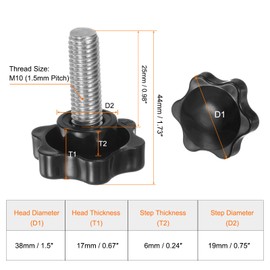 QUARKZMAN Pack of 8 Thumb Screws with Star Handle M10 x 25 mm x 38 mm Star Grip Screw Plastic Knob Stainless Steel 304 Threaded Bolts Clamping Screw Star Grip Nut Clamping Knob for Machine