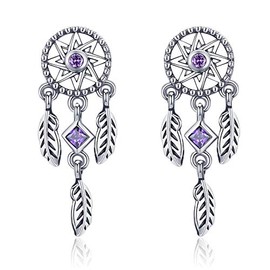 Purple Dream Catcher 925 Sterling Silver Vintage Dream Catcher Drop Earrings for Women Purple Cubic Zircon Sterling Silver jewellery