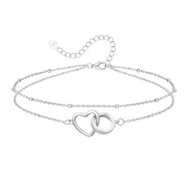 Loutade Silver Anklet for Women, 925 Sterling Silver Anklet Bracelet, 22 + 5 cm Adjustable Summer Barefoot Beach Double Anklet, Infinity Layered Anklet with Heart Design Foot Jewellery, Stone