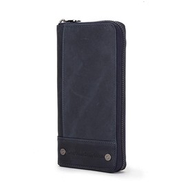 Contacts RFID Blocking Genuine Leather Wallet Mens Zipper Around Purse Card Phone Holder Coin Clutch Organizer Travel Wallet Vintage(Dark Blue)