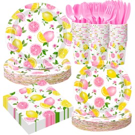Funnymoom 400 Pcs Pink Lemon Party Supplies for 50 Guests Summer Pink Lemon Birthday Paper Plates and Napkins Knives Spoon Fork Cup Set Cutlery for Lemonade Theme Birthday Summer Bridal Shower