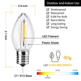 C7 LED Christmas Light Bulb, Clear Vintage Replacement Bulbs for Outdoor Indoor String Lights, Commercial Grade Holiday LED Night Light Bulbs, Warm White, C7 E12 Candelabra Base, 0.6W, 25 Pack