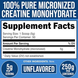 Bucked Up - Monohidrato de creatina micronizada pura para mujeres y hombres - Fácil de mezclar y sin sabor - 5 g por porción - 50 porciones - 250 gram