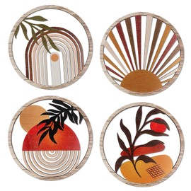 YiYa 4 Pieces Boho Wooden Wall Art Deco Bohemian Botanical Hanging Wooden Sign Minimalist Hanging Art Wall Decor for Farmhouse Bedroom Living Room Office (Round)