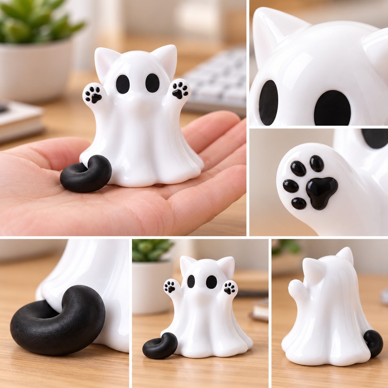 Mini Kitten Ghost Figurine for Halloween Decor – Cute Plastic