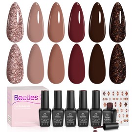 beetles Gel Polish Set-6 Colors 7.5ml Nail Gel Kit Academia Aesthetic Gold Glitter Dark Brown Red Black Sparkle Gel Soak Off Led Manicure Nail Art Diy Home Salon Gifts for Girls