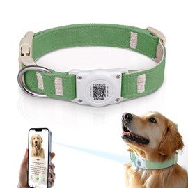 Airtag Dog Collar QR Code - IP68 Waterproof Integrated Air Tag Dog Collar Holder ID Tag - Free Pet Online Profile - Durable Natural Cotton Hemp - Fits for Small Medium Large Dogs (Green, L)