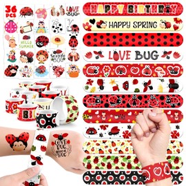 BOIKOKY 60 PCS Ladybug Party Favors Set - 36 Temporary Tattoos Sticker & 24 Slap Bracelets for Kids, Perfect for Birthday Parties, Classroom Rewards and Gifts