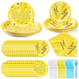 Potchen 96 Pcs Cartoon Animation Birthday Party Supplies Set Including 24 Cartoon 9 ''plates, 24 7 ''plates, 24 Napkins, 24 Forks for Birthday Decorations, Serves 24