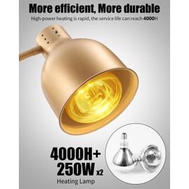 VORIGY Heat Lamp for Food, Upgrade 250W Bulb x 3 - Each Lasting Over 4000 Hours, Food Heat Lamp with Flexible Arm, Catering Food Warmers for Buffet, Parties, Fast Food, Bakery (Brass)