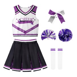 LOLANTA Girls Cheer Outfits Zombies Cheerleader Costumes Purple Skirts Set Cheerleading Uniform (Purple, 10-11 Years)