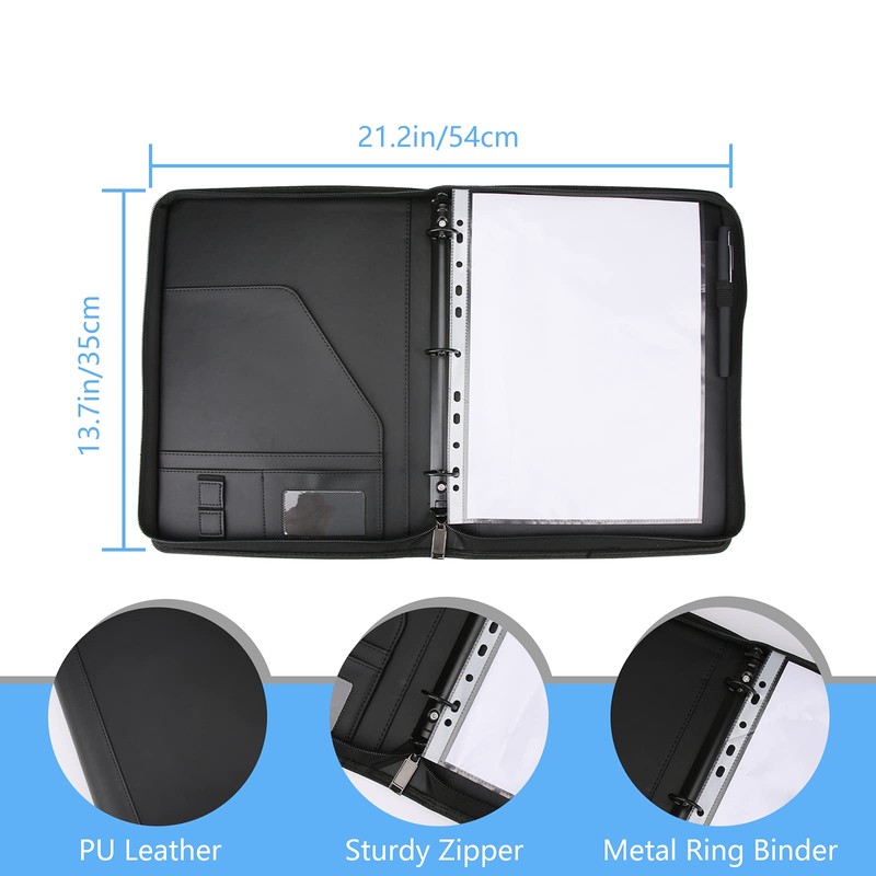 Laelr Zippered Portfolio 3 Ring Binder with 8 Pockes, Leather
