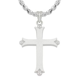 US Jewels Men's 925 Sterling Silver 35.5mm Fleur De Lis Cross Pendant 3.7mm Rope Chain Necklace, 24in