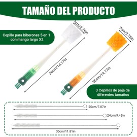 Kit de 5 Cepillos Limpiabotellas 5 en 1 - Cepillo para Botellas con Mango Largo - Incluye 3 Cepillos para Pajillas, Cepillo para Tetinas Extraíble y Cepillo Detallador para Ranuras de Tapas