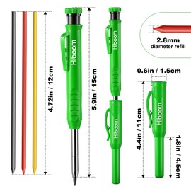 Hiboom 4 Pack Carpenter Pencils Set with 24 Refills, 2.8 mm Mechanical Carpenter Pencil Built in Sharpener Woodworking Marking Tool Solid Long Nosed Deep Hole Construction Pencil (Green)
