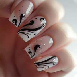 IMRAIN Press on Nails Medium Square Fake Nails with Black Vine Design White French Tips False Nails Glue on Nails Full Cover Nail Art Glitter Stick on Nails for Women 24Pcs