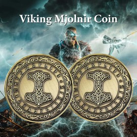 IELCJJ Viking Thor Hammer Coin - Viking Runes Mjolnir Coin - Norse Mythology Protective Talisman Amulet - Viking Gifts for Men Women