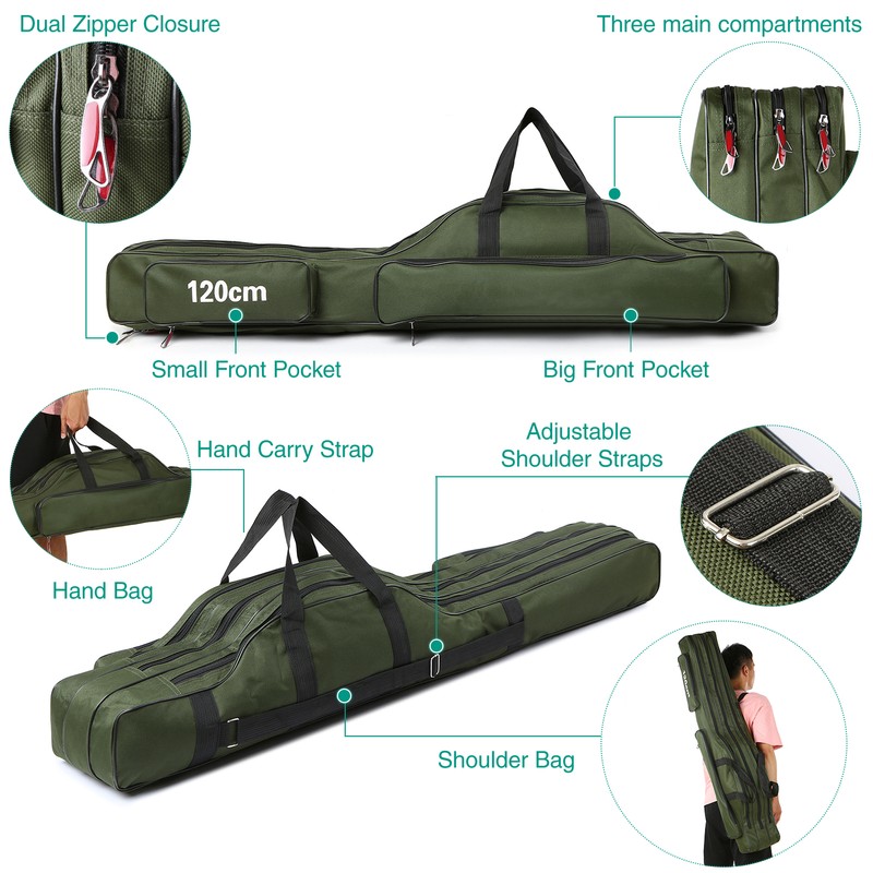 3 Layers Fishing Pole Bag Portable Folding Rod Carry Case