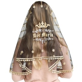 Catholic Mantilla Mass Infinity Veil Church Lace Veil Spanish Chapel Mass Head Covering Veil Long AveMaria (Gold/Black)