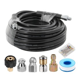 Sewer Jetter Kit for Pressure Washer-100 ft Jetter Hose, Drain Cleaning Hose,1/4 Inch NPT, Corner, Rotating and Button Nose Sewer Jetting Nozzle, 5800 PSI