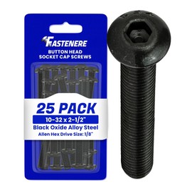 Fastenere Button Head Socket Cap Screws - 10-32 x 2-1/2" (25-Pcs) Alloy Steel, Fully Threaded, Fine Black Oxide Finish, Corrosion-Resistant, Machine Thread, Easy to Install w/Allen Hex Drive