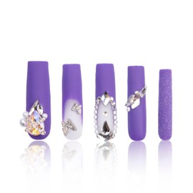 LOVFUL Press on Nails Mystique Veil Purple| Handmade with Full Covered Crystals| Reusable Fake Nails| Square Mid length 1.7in| H108-M