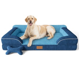 CWAWZ Jumbo Dog Bed for Extra Large Dogs, Orthopedic Dog Bed with Cooling Gel Memory Foam, Waterproof Pet Bed with Removable Washable Cover, 45" Pet Sofa Couch Dutch Velvet with Bone Toy, Navy Blue