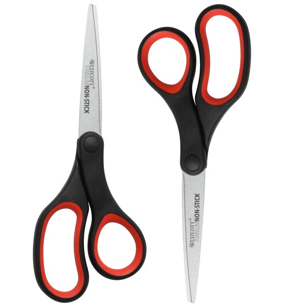 Westcott 8" Titanium Non-Stick Scissors, 2-Pack, Black and Red